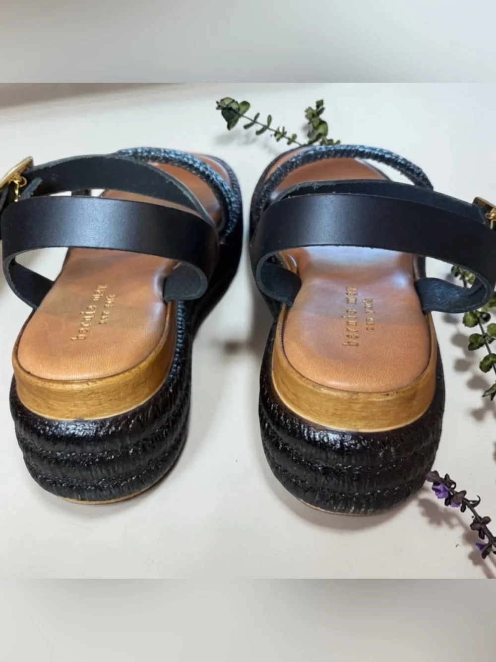 Bernie Mev Premium Made in Italy Black Raffia Leather Platform Sandals RARE